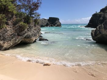 Scenic view of rocks on beach against sky