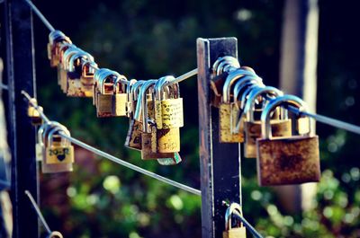 Close-up of padlocks hanging on railing