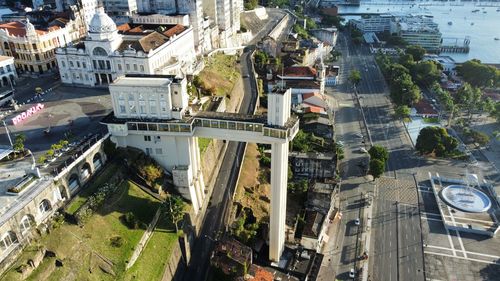 High angle view of buildings in city