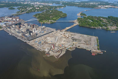 Sompasaari island in helsinki, finland. harbour and sea in background. drone point of view.