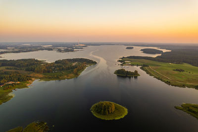 Aerial summer morning sunrise view in sunny elektrenai lake, lithuania