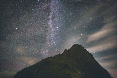Scenic view of mountains against sky at night