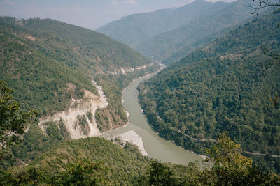 High angle view of landscape and mountains