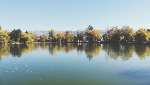 Scenic view of lake against clear sky