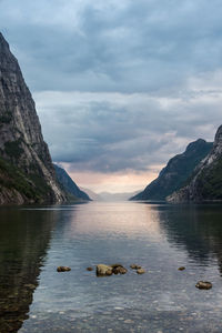 Scenic view of lysefjord against sky