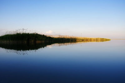 Scenic view of calm lake against clear sky