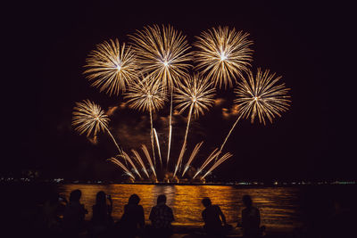 Festive beautiful colorful fireworks display on the sea beach, amazing holiday fireworks party