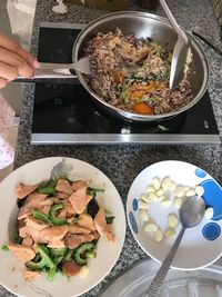 High angle view of food in plate on table