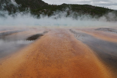 Hot spring emitting from landscape against mountains