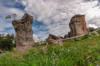 Low angle view of rock formation on field against sky