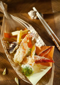 High angle view of food in plate on table