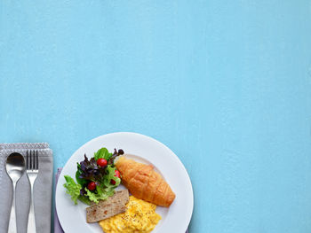 High angle view of breakfast served on table