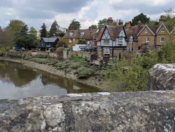 Plants and houses by river against buildings