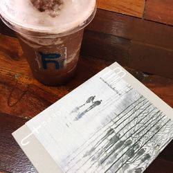 High angle view of text on table