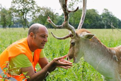 Man playing with deer on field