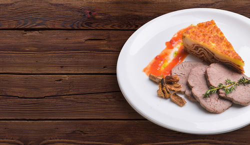 High angle view of breakfast served on table