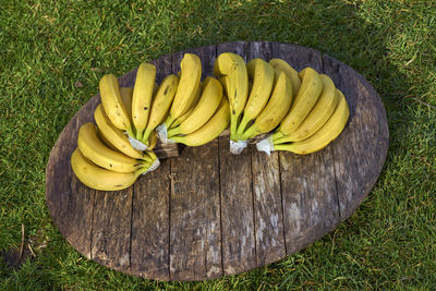 Directly above shot of bananas on wood at grassy field