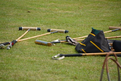 High angle view of polo mallets on field