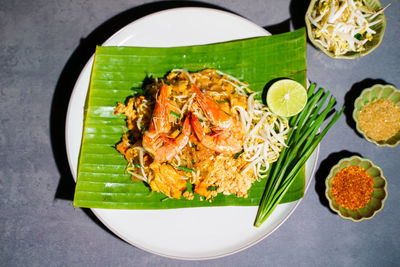 High angle view of food in plate on table