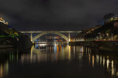 Illuminated bridge over river against sky at night