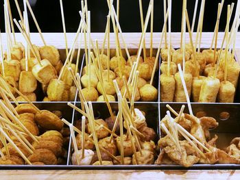 Close-up of japanese style skewer meat for sale at market