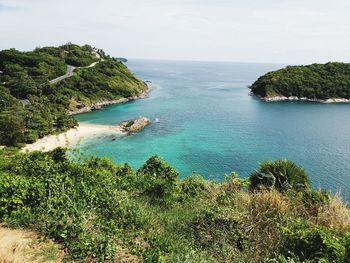 High angle view of bay against clear sky