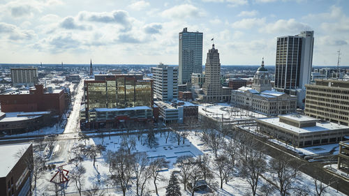 High angle view of cityscape against sky