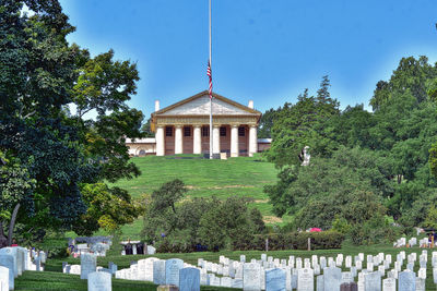 Trees growing in cemetery against sky