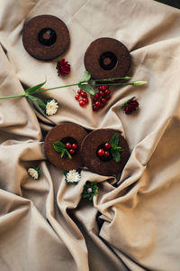 High angle view of dessert on bed