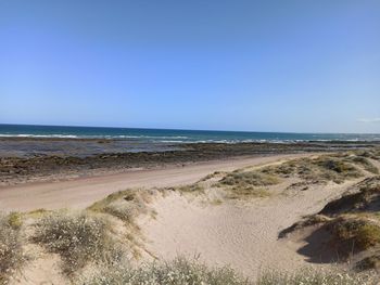 Scenic view of beach against clear blue sky