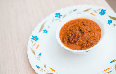 High angle view of soup in bowl on table