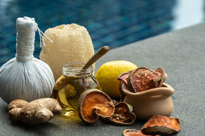 Close-up of seashells on table