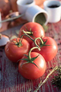 High angle view of tomatoes on table