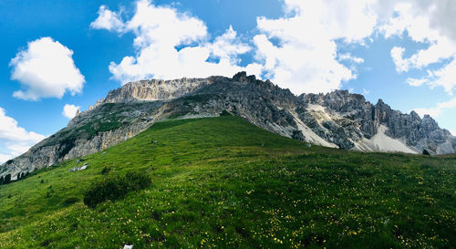 Panoramic view of land and mountains against sky