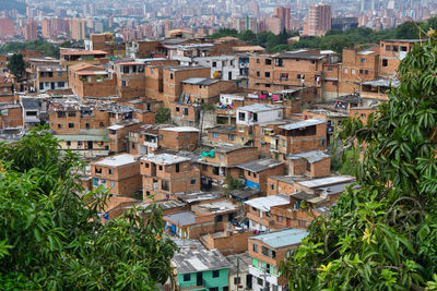 High angle view of buildings in town