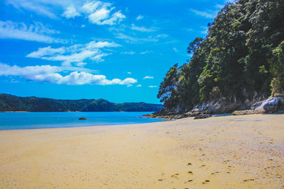 Scenic view of beach against blue sky