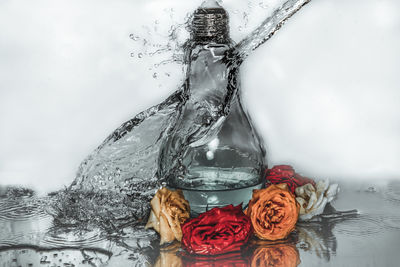 Digital composite image of flowers on glass table
