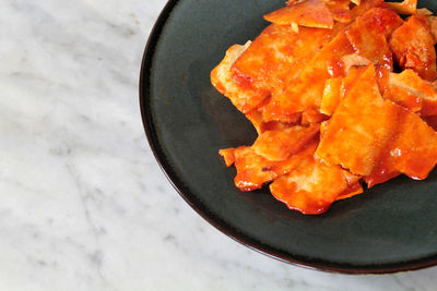 High angle view of meat in plate