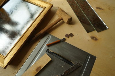 High angle view of work tools on table