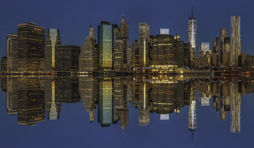 Reflection of illuminated city skyline on calm river at dusk