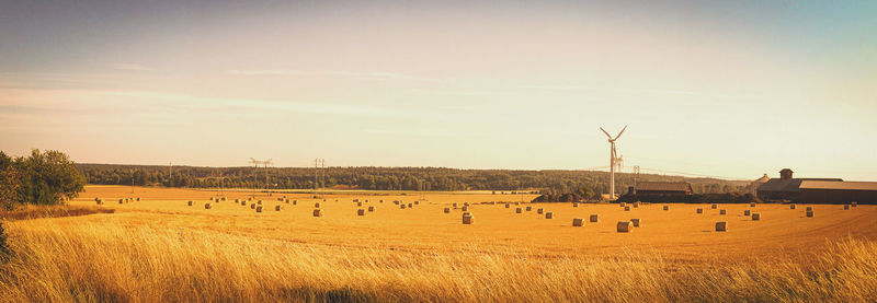 Hay bales on field against sky