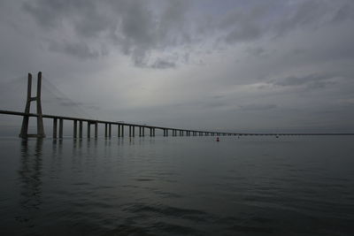 Bridge over calm river against sky