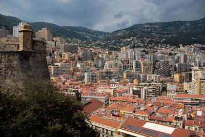 High angle shot of townscape against sky