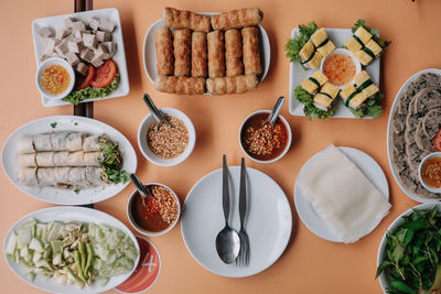 High angle view of food served on table