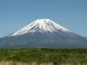 Scenic view of snowcapped mountains against clear sky