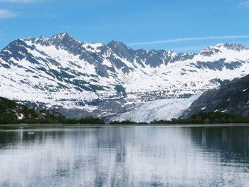 Scenic view of lake and snowcapped mountains against sky