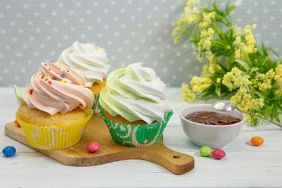 Close-up of cupcakes on table