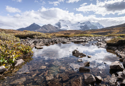 Scenic view of lake and mountains against sky