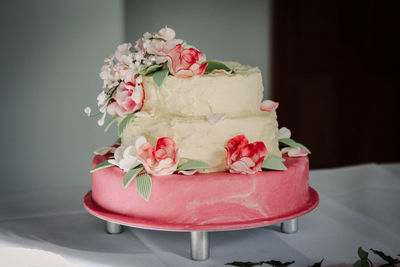 Close-up of cake served on table