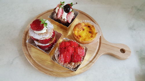 High angle view of dessert on table